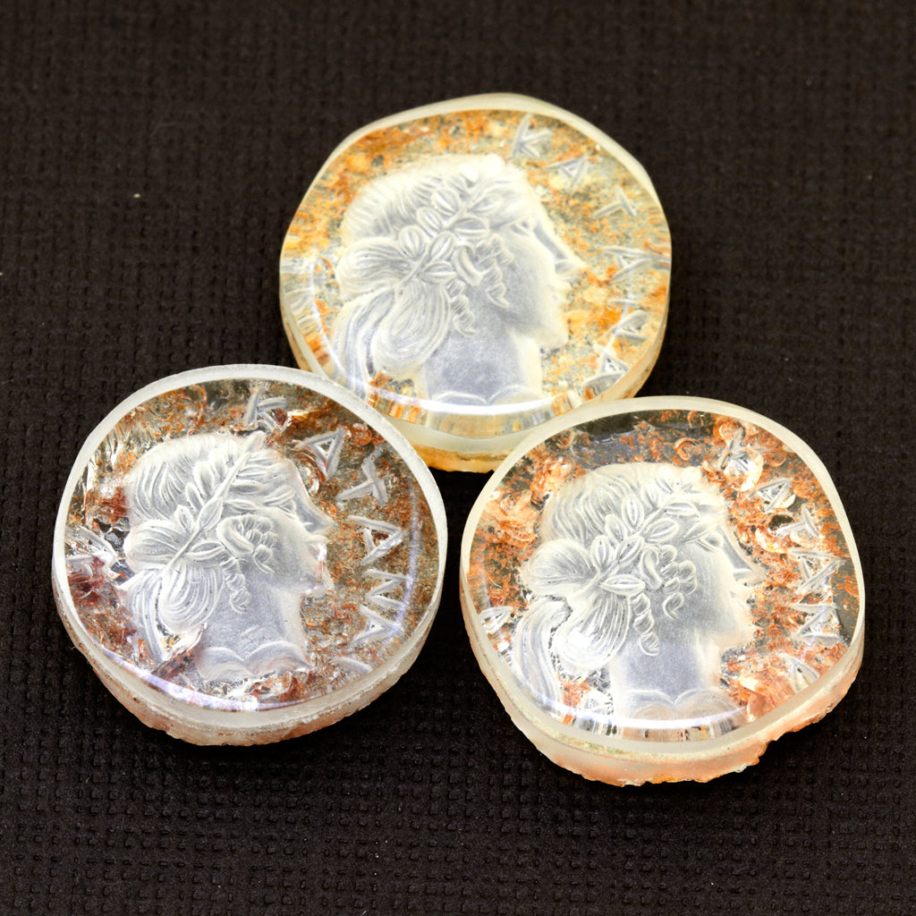 16mm Clear Quartz Round Roman Coin Carvings - Woman's Face