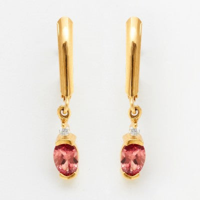 6x4mm Oval Natural Padparadscha Leverback Dangle Earrings in 18kt Gold