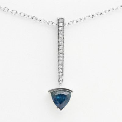 7mm Trillion Blue Sapphire & Diamond Drop Dangle Pendant in 18kt White Gold