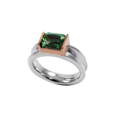 8x6mm Emerald Cut Tourmaline in a 14kt Rose Gold & Sterling Silver Half Bezel Ring