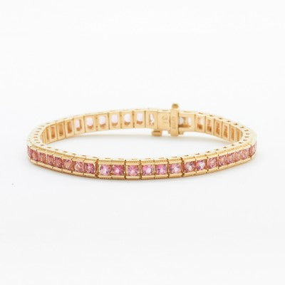 3.5mm Round Pink Maine Tourmaline Bracelet in 14kt Yellow Gold