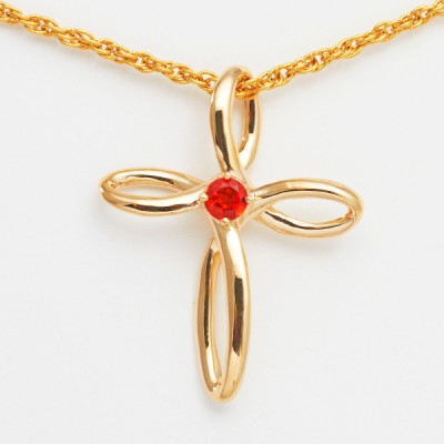 4mm Round Red Mexican Fire Opal Cross Pendant in 14kt Yellow Gold