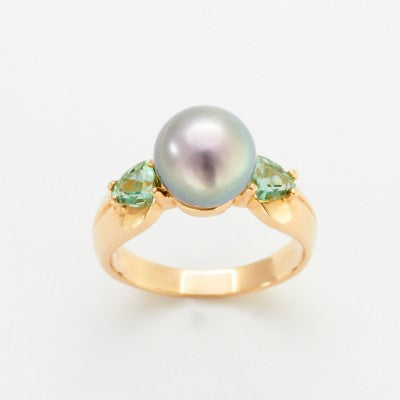 10mm Round Cortez Pearl & Tourmaline Ring in 14kt Yellow Gold
