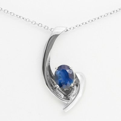 11x9mm Oval Blue Sapphire Fishhook Pendant in 14kt White Gold