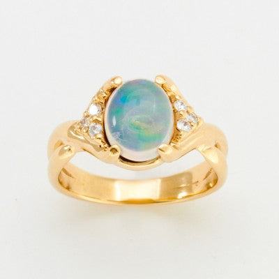 9x7mm Play of Color Cabochon Mexican Opal Ring in 18kt Yellow Gold