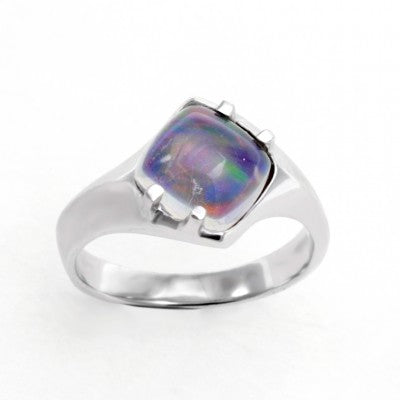 8.5mm Square Cabochon Cut Mexican Fire Opal Play of Color Matte Finish Ring in 18kt White Gold