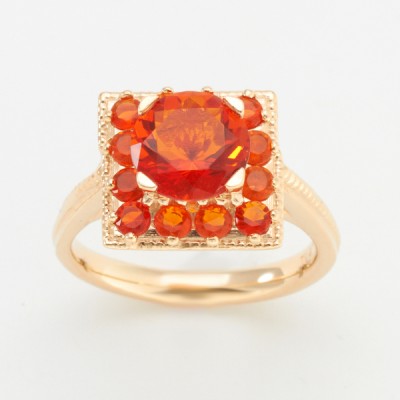 9mm Round Red Mexican Fire Opal Square Halo Ring in 14kt Yellow Gold