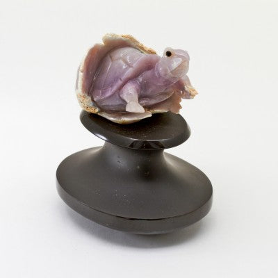Large Hand Carved Natural Purple Chalcedony Hatching Tortoise on Black Stone Base