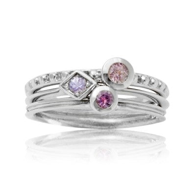 Trio of 14kt White Gold Stacking Rings with Pink & Lavendar Montana Sapphires