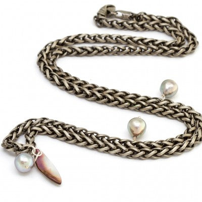 8-9mm Baroque Cortez Pearl Necklace with Pearl Shell on a Heavy Sterling Silver Wheat Chain