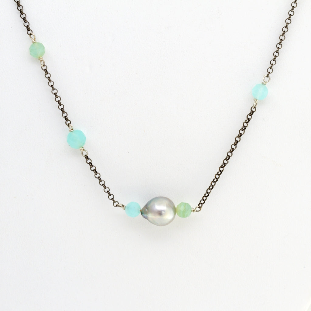 8-9mm Baroque Cortez Pearl® Necklace with Peruvian Opal Beads on a Ruthenium Plated Sterling Silver Chain