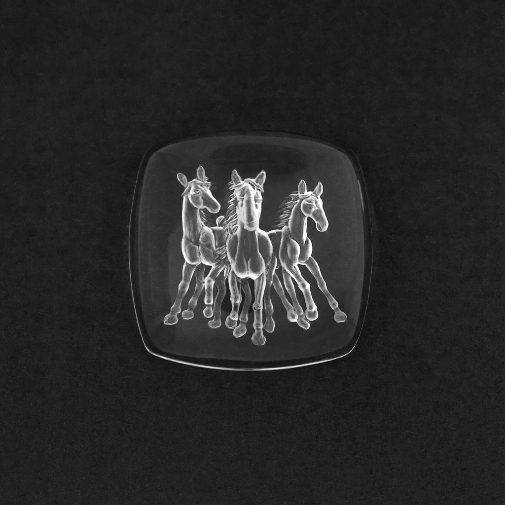 18mm Clear Quartz Cushion Cab 3 Horse Intaglio Carvings