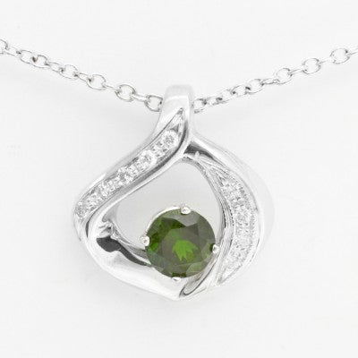 7mm Round Natural Imperial Diopside & Diamond Cradle Pendant in 14kt White Gold