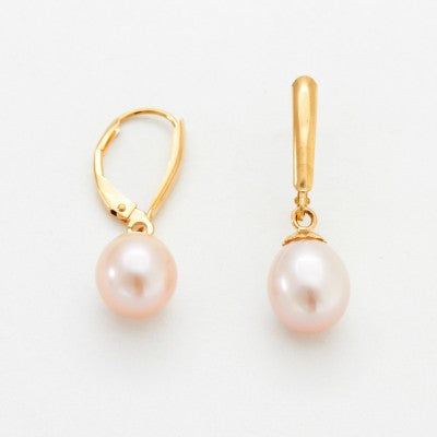 8mm Drop Pearl Leverback Dangle Earrings in 14kt Yellow Gold