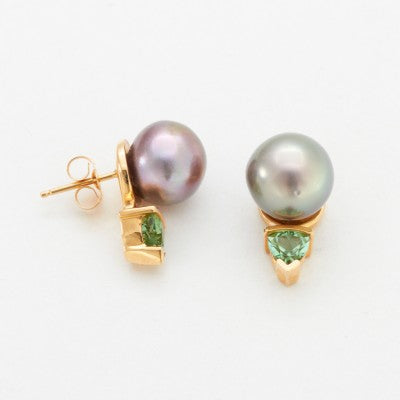 10mm Round Cortez Pearl & Tourmaline Post Earrings in 14kt Yellow Gold