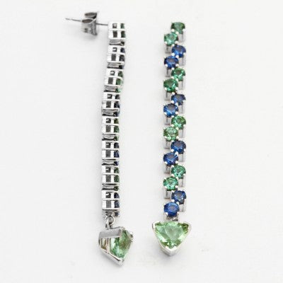 Blue Sapphire & Green Tourmaline Drop Earrings in 14kt White Gold