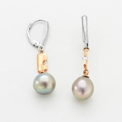 10mm Round Cortez Pearl & Diamond Dangle Earrings in 14kt Rose Gold
