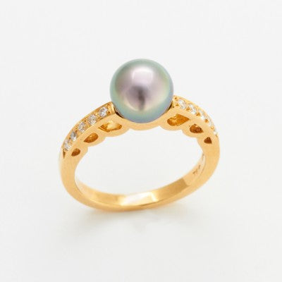 9mm Round Cortez Pearl & Diamond Ring in 18kt Yellow Gold
