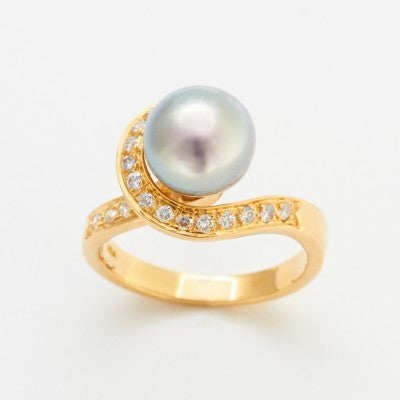 10mm Round Cortez Pearl & Diamond Swirl Ring in 18kt Yellow Gold