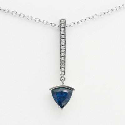 7.75mm Trillion Blue Sapphire & Diamond Drop Dangle Pendant in 18kt White Gold
