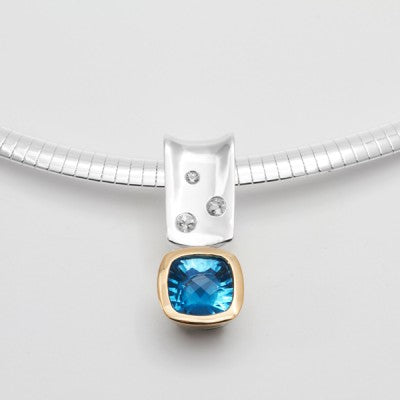 10mm Cushion Blue Topaz & Diamond Bezel Slide Pendant in 14kt Gold & SS