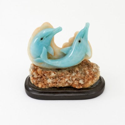 Hand Carved Natural Blue Quartz Dolphins on Crystal Quartz Base