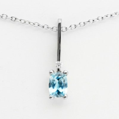 8x6mm Antique Cushion Cut Blue Zircon & Diamond Stick Pendant in 14kt White Gold