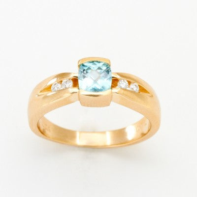 5mm Checkerboard Cushion Cut Blue Zircon & Diamond Ring in 14kt Yellow Gold