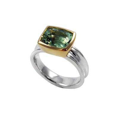 10x8mm Cushion Cut Green Quartz in a 14kt Gold & Sterling Silver Bezel Ring