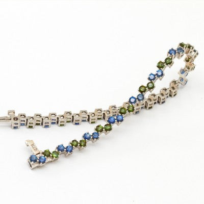 Multi-Color 3mm Round Green Tourmaline and Blue Sapphire Bracelet in 14kt White Gold