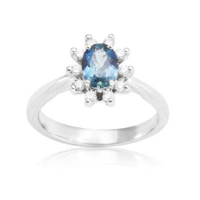 7x5mm Oval Denim Sapphire & Diamond Ring in 14kt White Gold
