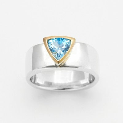 6mm Trillion Blue Topaz Bezel Ring in 14kt Yellow Gold & SS