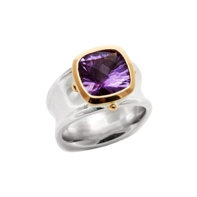 10mm Cushion Cut Iris Amethyst™ in a 14kt Yellow Gold & Sterling Silver Bezel Ring