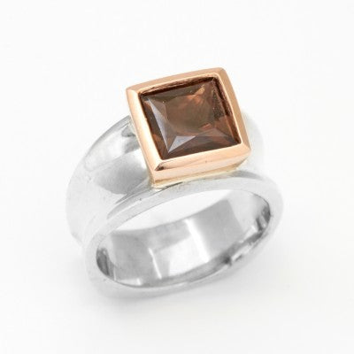 8mm Princess Smoky Quartz in a 14kt Rose Gold and Sterling Silver Bezel Ring