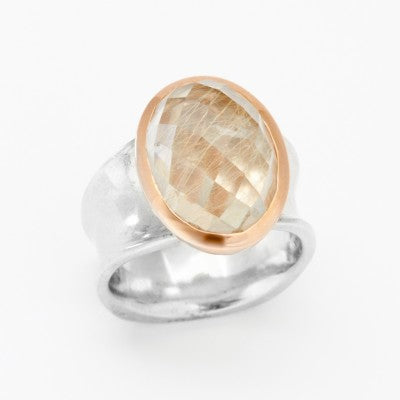 16x12mm Checkerboard Oval Rutilated Quartz in a 14kt Rose Gold & Sterling Silver Bezel Ring