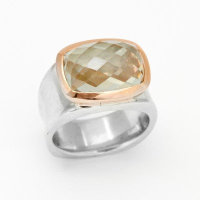 14x10mm Cushion Cut Green Quartz in a 14kt Rose Gold & Sterling Silver Bezel Ring