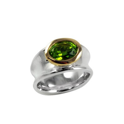 9x7mm Oval Mesa Verde Peridot in a 14kt Gold & Sterling Silver Bezel Ring