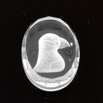 16x12mm Oval Synch Cut White Quartz Puffin Intaglio Carving