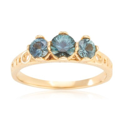 5mm & 4mm Round Teal Montana Sapphire 3 Stone Ring in 14kt Yellow Gold