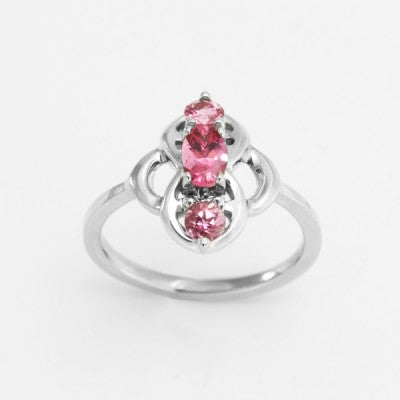 6x4 Oval Pink Tourmaline North South Three Stone Ring in 14kt White Gold