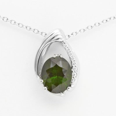 13x11mm Oval Natural Imperial Diopside & Diamond Teardrop Pendant in 14kt White Gold
