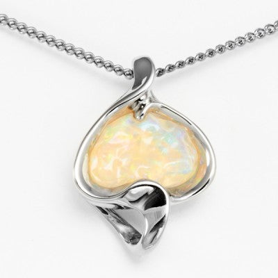 10ct Freeform Play of Color Mexican Opal Pendant in 14kt White Gold
