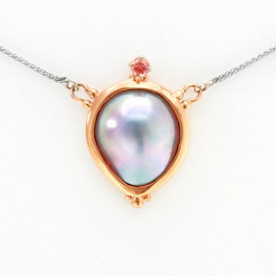 Sea of Cortez Mabe Pearl & Padparadscha Sapphire Turtle Necklace in 14kt Rose Gold