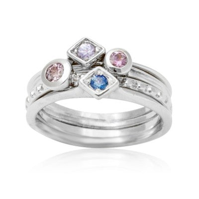 Pink, Blue & Lavendar Montana Sapphire Stacking Rings in 14kt White Gold