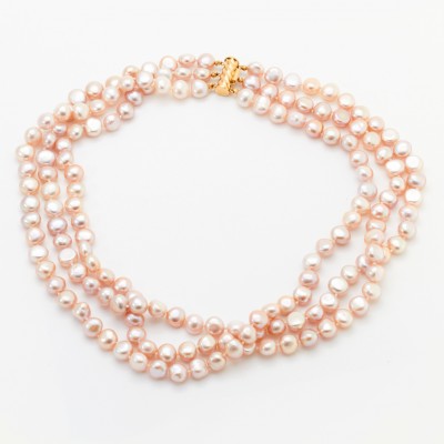 18 Inch 8mm Button Pearl Triple Strand with 14kt Gold Clasp