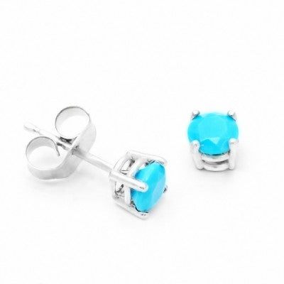 Natural 4mm Round Turquoise Stud Earrings in 14kt White Gold